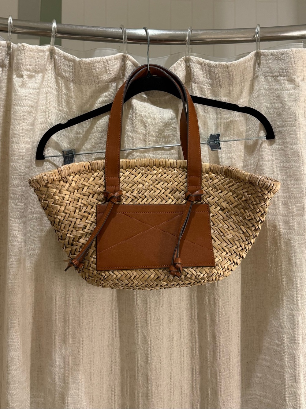 Mango Woven Straw Tote with Brown Leather Accents